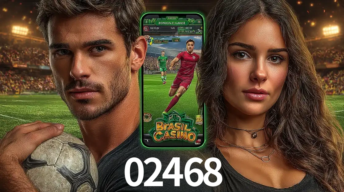 Homem segurando uma bola de futebol e uma mulher ao lado de um smartphone exibindo o jogo de apostas esportivas da 02468. Faça seu palpite no cassino online.
